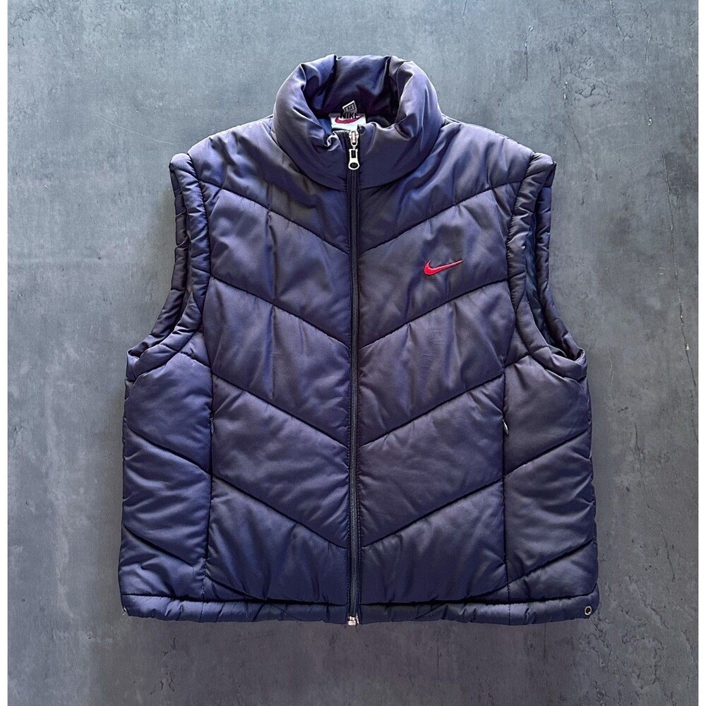 Vintage Nike Puffer Vest Mens Medium Navy Red Swoosh 90s Quilted Full Zip